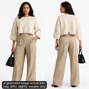 Storia Cropped Sweater Womens Small Cream Boxy Textured Knit Drop Shoulder Top